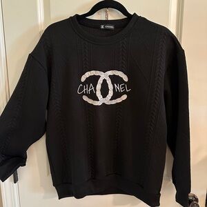 CHANEL Black Textured Sweatshirt with White Embroidery
